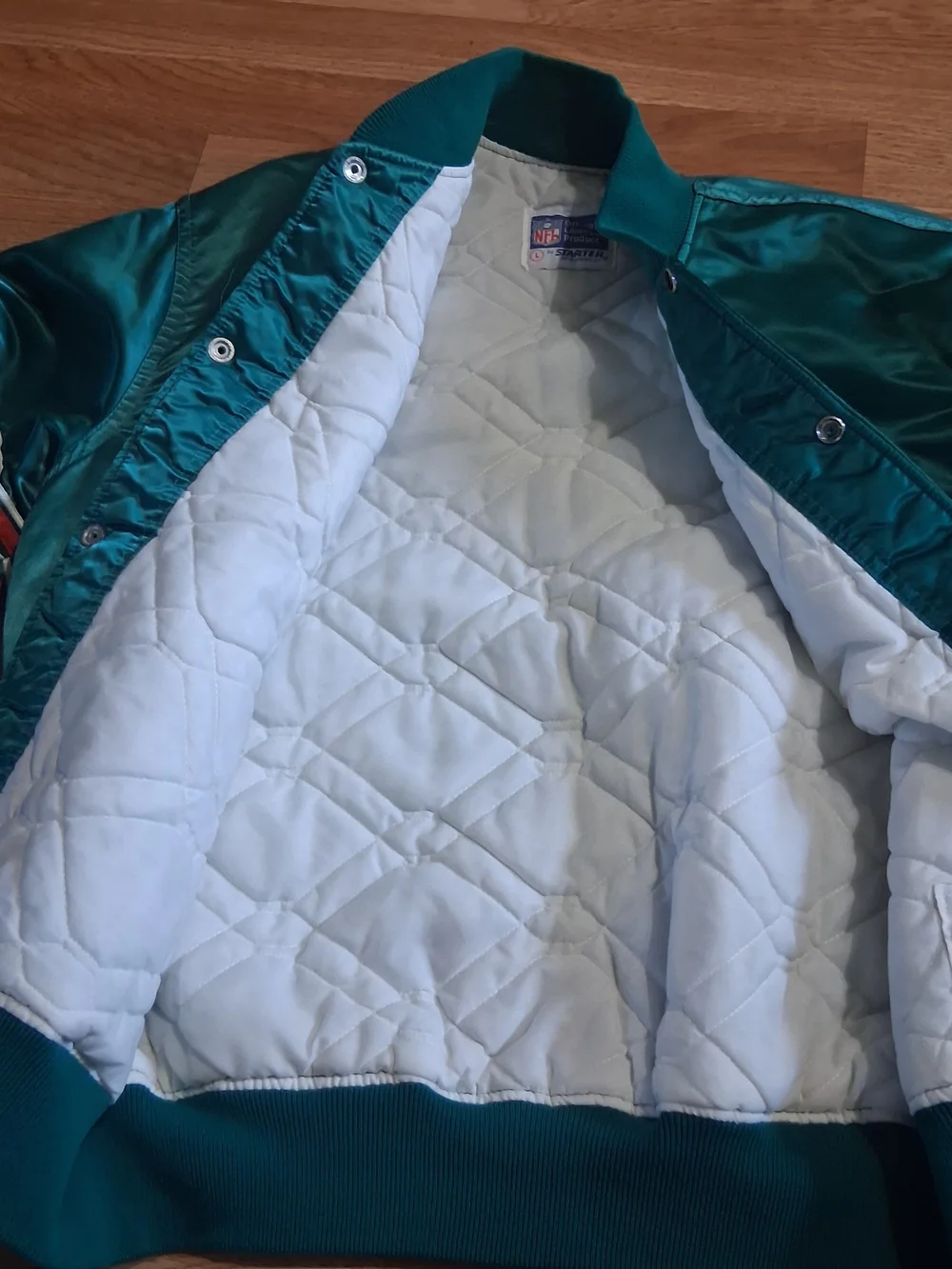 STARTER Teal Satin Dolphins Mens  Bomber Jacket Sz. L Made In Usa
